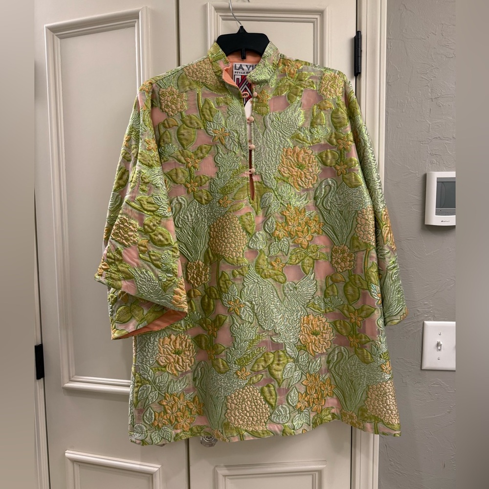 La Vie Style House Peach + Pear Floral Brocade Mini Caftan